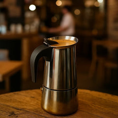 Cafetera italiana acero inoxidable 9 tazas base dorada cuerpo plateado