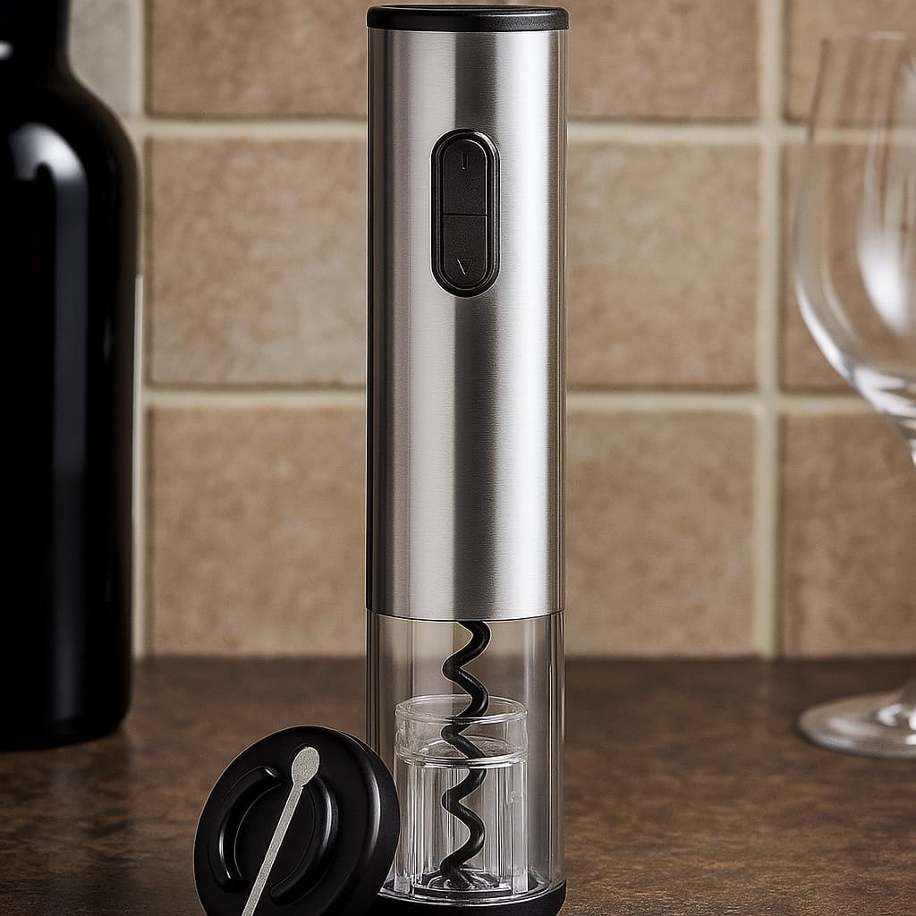 Saca corchos automático en acero inoxidable, base transparente y botones de control.