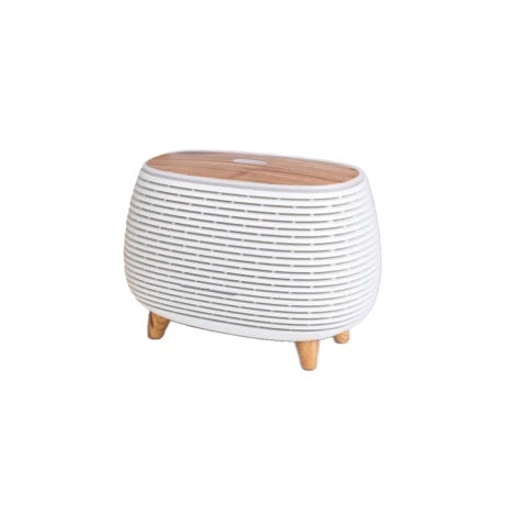 Humidificador 400ml con luces LED y control remoto, diseño moderno en blanco y negro con tapa en imitación madera.