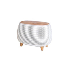 Humidificador 400ml con luces LED y control remoto, diseño moderno en blanco y negro con tapa en imitación madera.