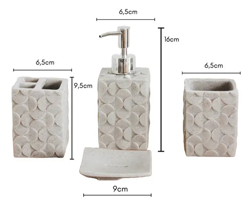 Set baño 4 piezas textura círculos relieves gris