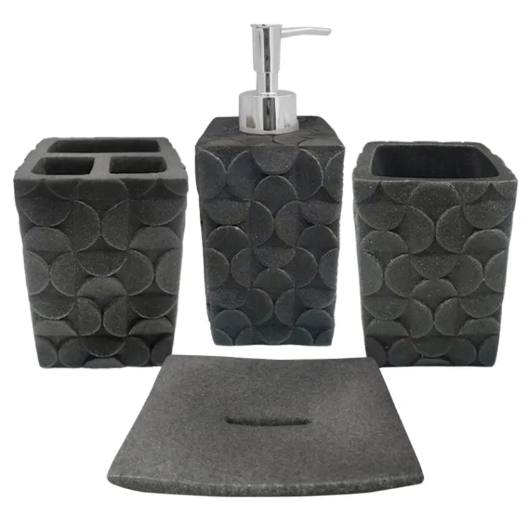 Set baño 4 piezas textura círculos relieves gris