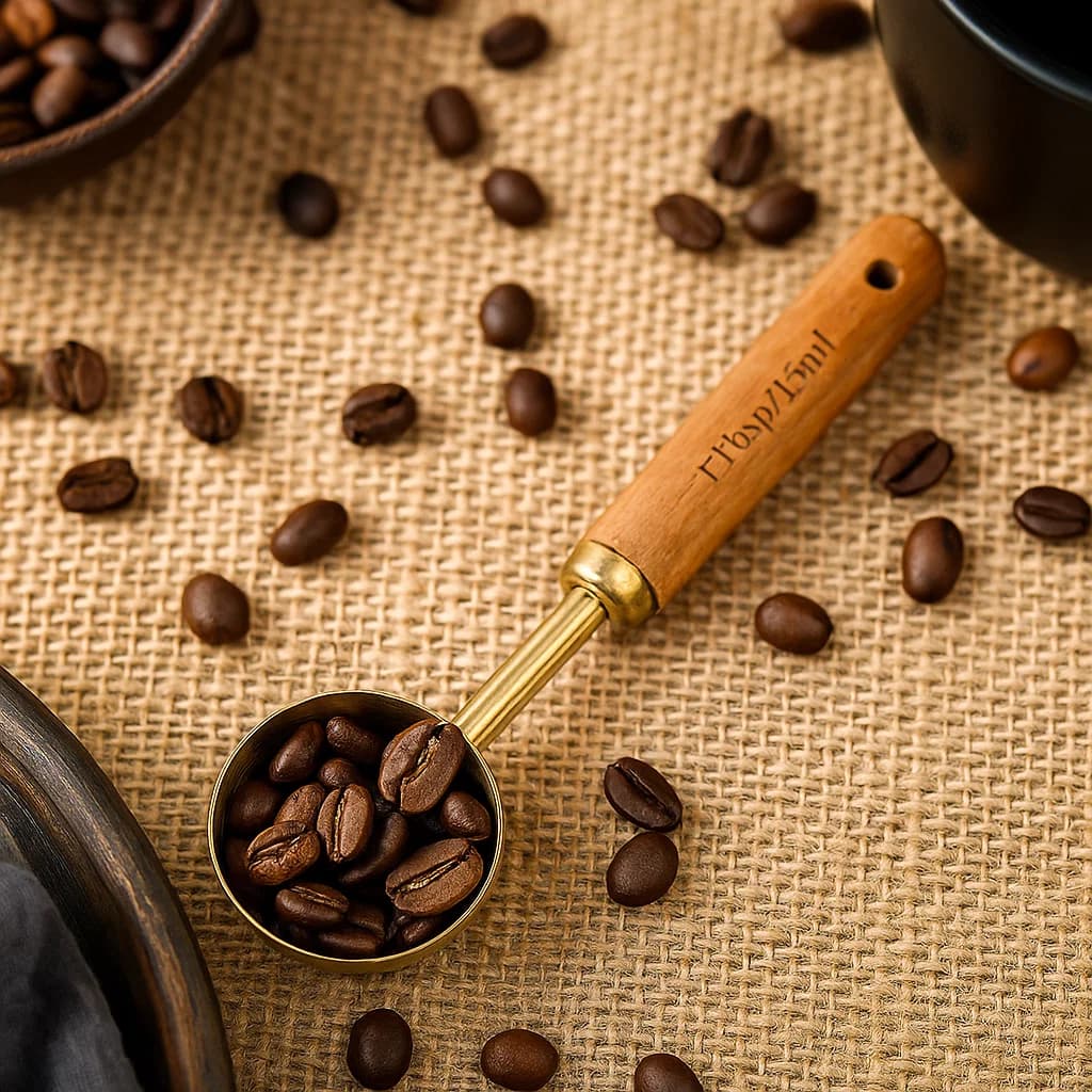 Cuchara dosificadora 15 ml metálica dorada con mango de madera