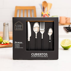 Vista frontal del juego de cubiertos Miami con mango oscuro