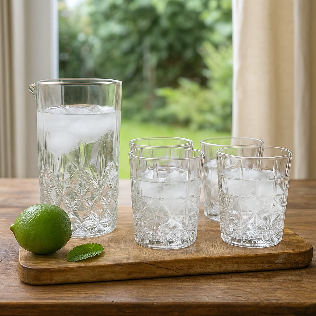 Set de copa 200 ml y 4 vasos shot en vidrio tallado