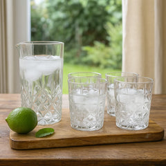 Set de copa 200 ml y 4 vasos shot en vidrio tallado