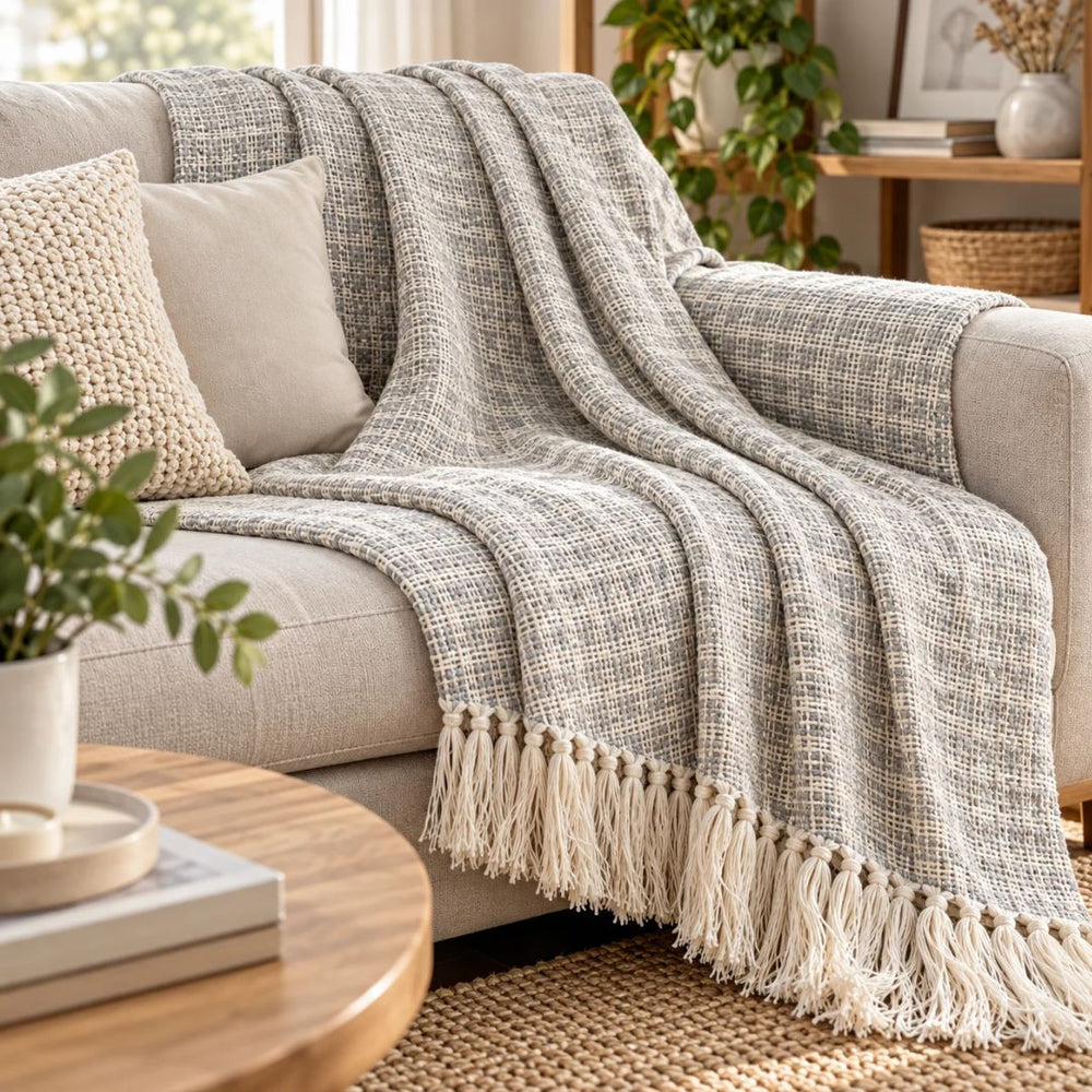 Frazada Masái 136 gris de 125 × 150 cm con tejido geométrico entrelazado y flecos blancos decorativos
