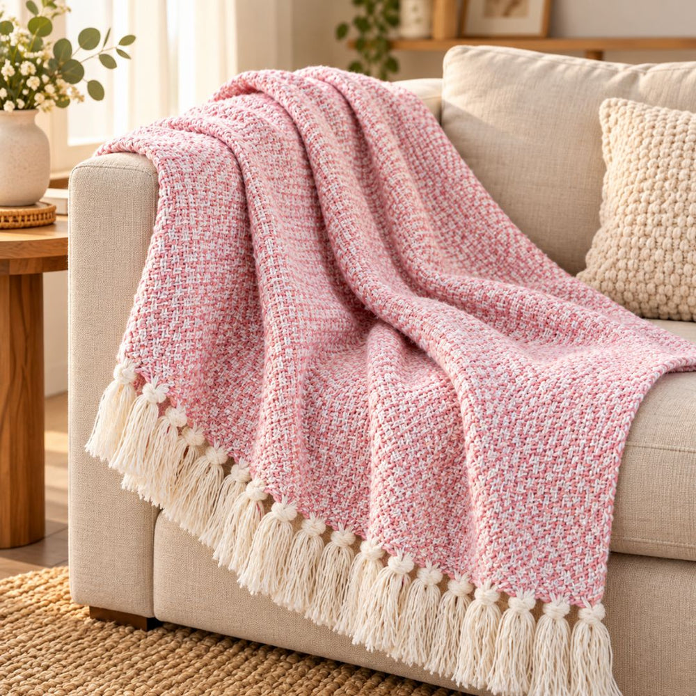 Frazada Masái 137 rosa de 125 × 150 cm en algodón con tejido rosa y blanco y flecos decorativos