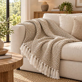 Frazada Masái 137 beige de 125 × 150 cm con tejido de algodón beige y blanco y flecos decorativos