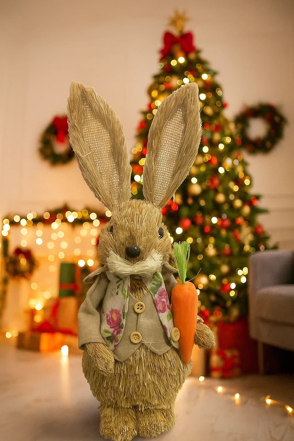 Conejo de Pascua Decorativo 36 cm con Zanahoria y Chaleco Floral