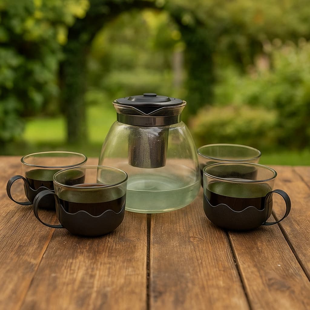 Juego de infusiones moderno en vidrio – tetera y 4 pocillos – Lala Home Colombia