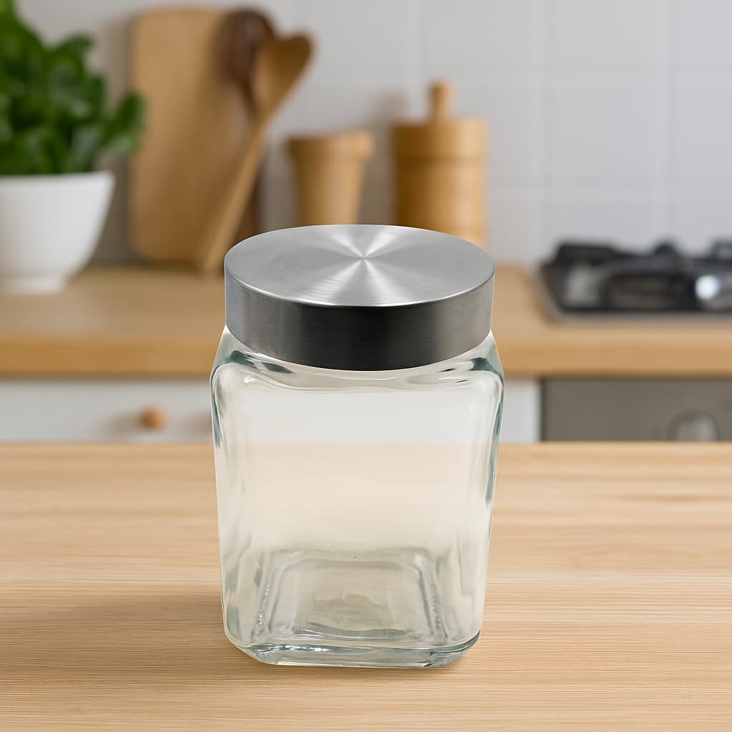 Recipiente de cristal cuadrado liso con tapa metálica plateada