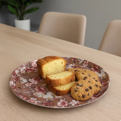 andeja redonda de 35 cm con diseño floral en tonos vinotinto y marrón