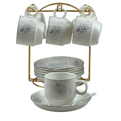 Set De Té x18 Pz Con Soporte Dorado Diseño Rosa