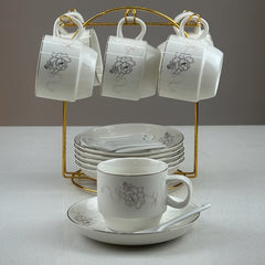 Set De Té x18 Pz Con Soporte Dorado Diseño Rosa