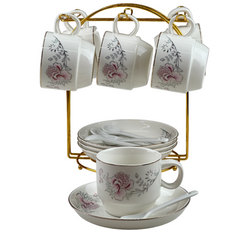 Set De Té x18 Pz Con Soporte Dorado Diseño Flor Rosa