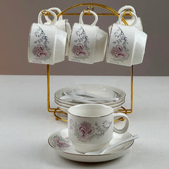 Set De Té x18 Pz Con Soporte Dorado Diseño Flor Rosa
