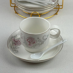 Set De Té x18 Pz Con Soporte Dorado Diseño Flor Rosa