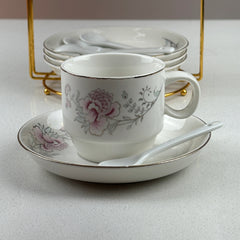Set De Té x18 Pz Con Soporte Dorado Diseño Flor Rosa