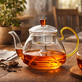 Tetera de vidrio 1300 ml con infusor y asa dorada para té