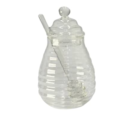 Recipiente de miel en vidrio con tapa y mezclador diseño líneas