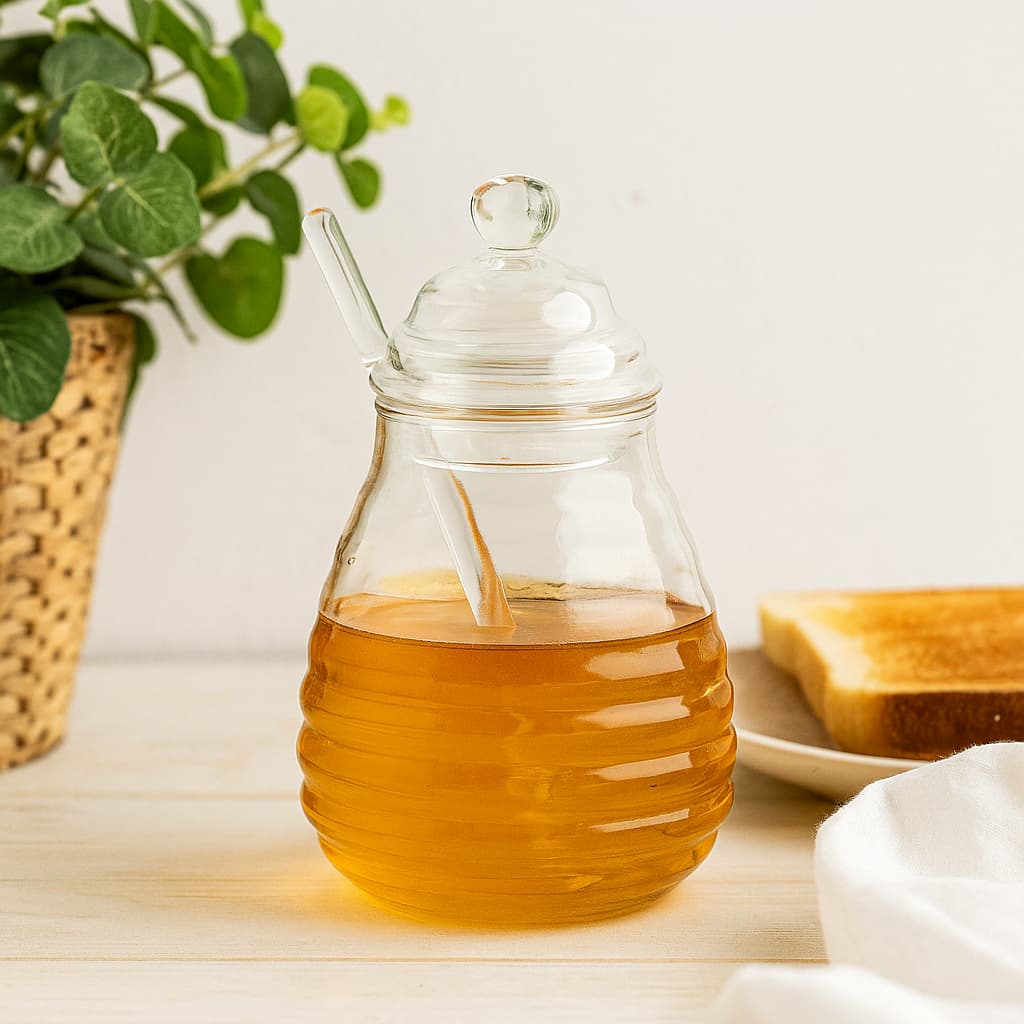 Recipiente de miel en vidrio con tapa y mezclador diseño líneas