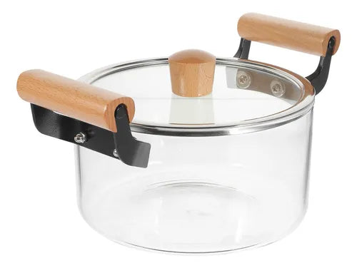 Olla de vidrio transparente de 2.5 L con tapa y mangos de madera natural sobre soporte metálico.
