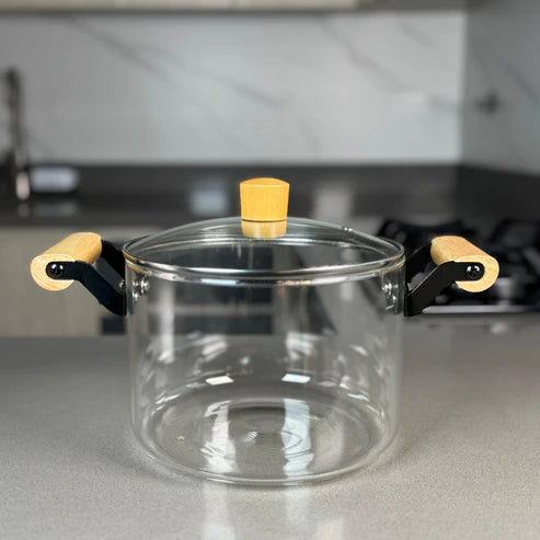 Olla de vidrio transparente 4.5 litros con tapa y mangos de madera