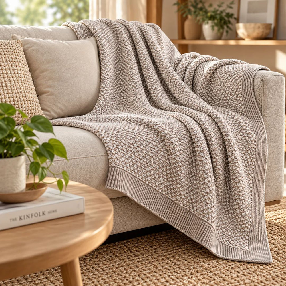 Frazada Rosario 1 beige de 125 × 150 cm en poliéster con tejido texturizado y bordes acanalados decorativos