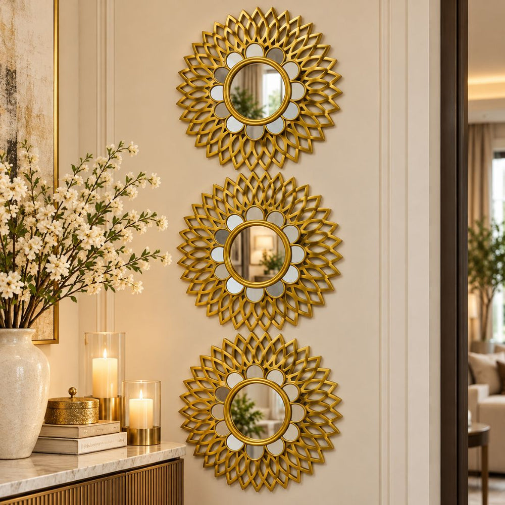 Set de 3 espejos decorativos dorados con diseño de flor, sol y puntas geométricas para pared