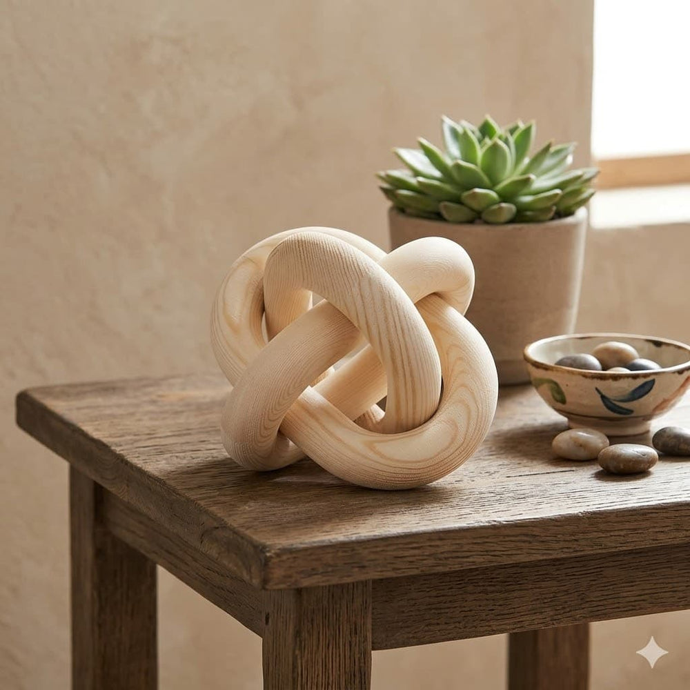 Figura decorativa nudo en madera natural clara de 17 cm con diseño entrelazado