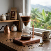 Soporte para filtro de café con base de madera y aro dorado
