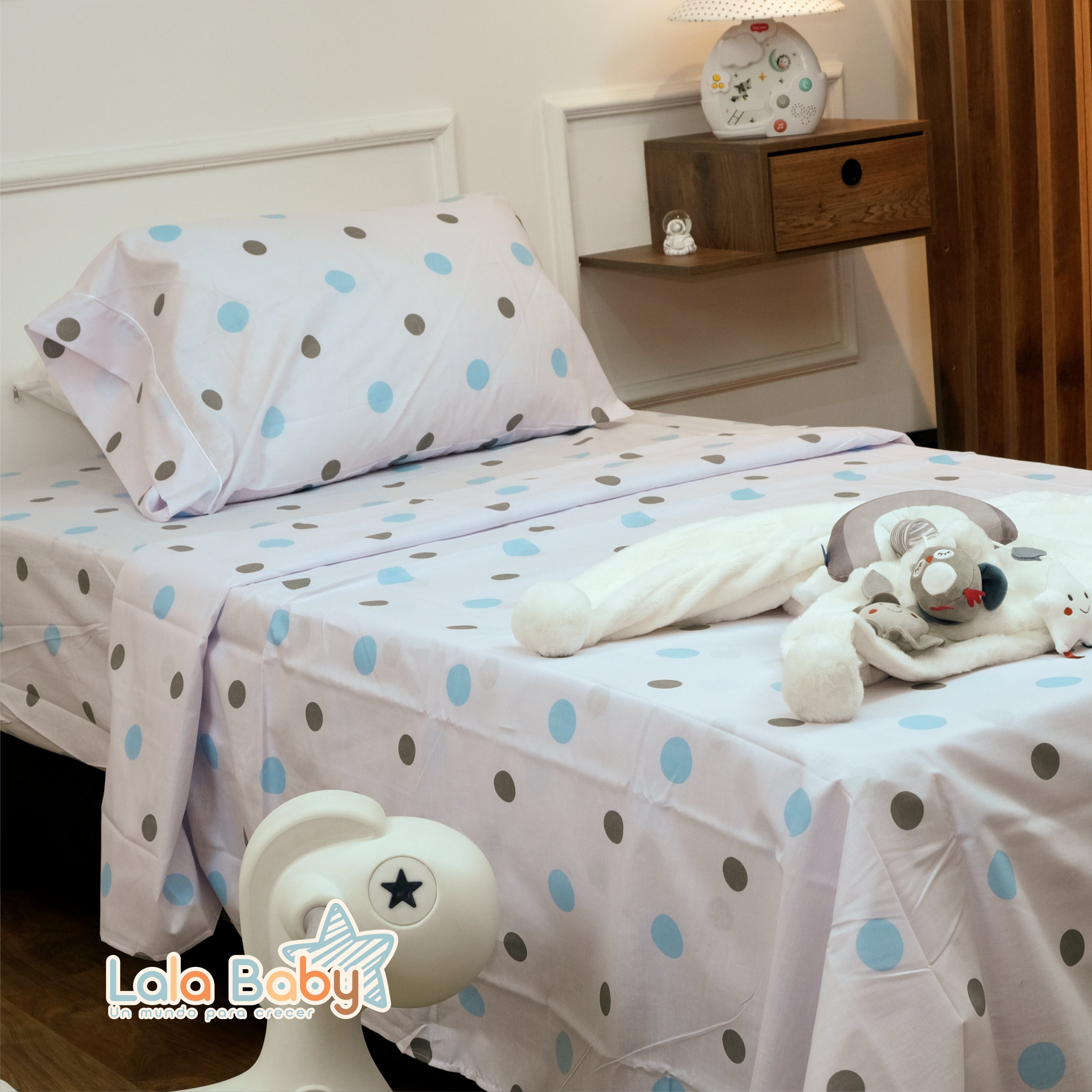 Juego De Sabanas Infantil 1.20 Mt Estampada Círculos Azul Y Gris