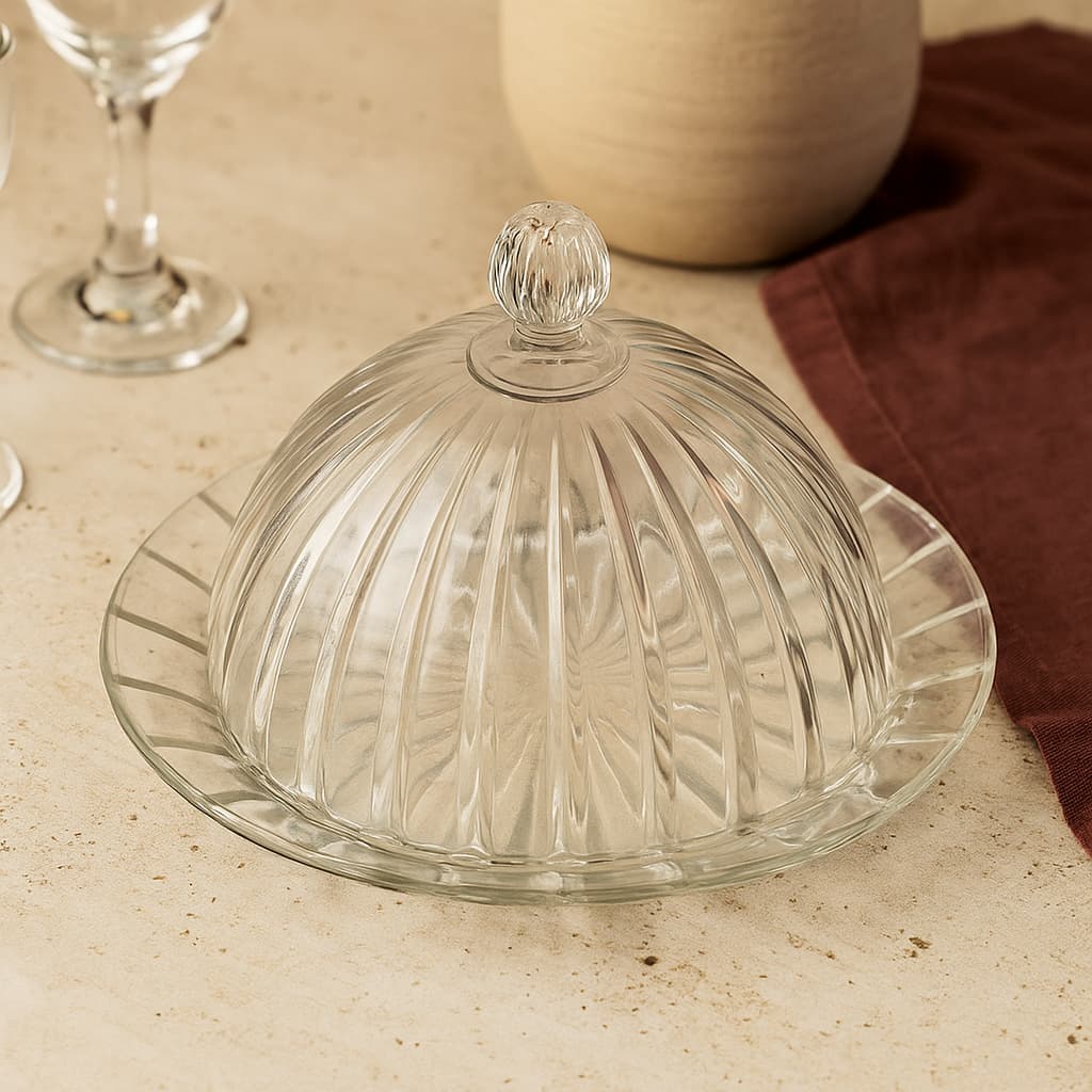 Plato Con Tapa De Postre Diseño Líneas En Vidrio | Lala Home Colombia