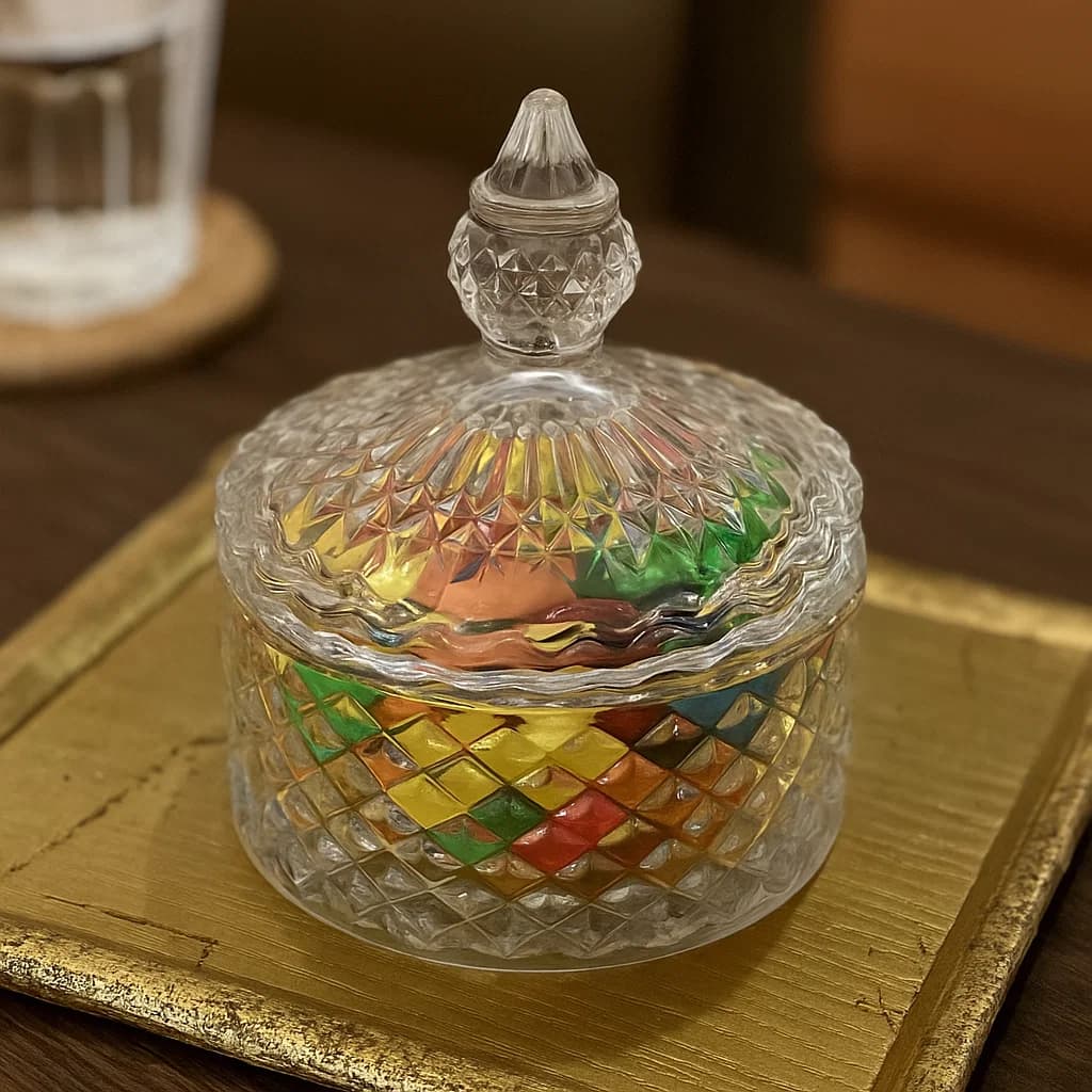 Recipiente tipo bombonera de vidrio 135 ml con diseño de rombos y tapa tallada