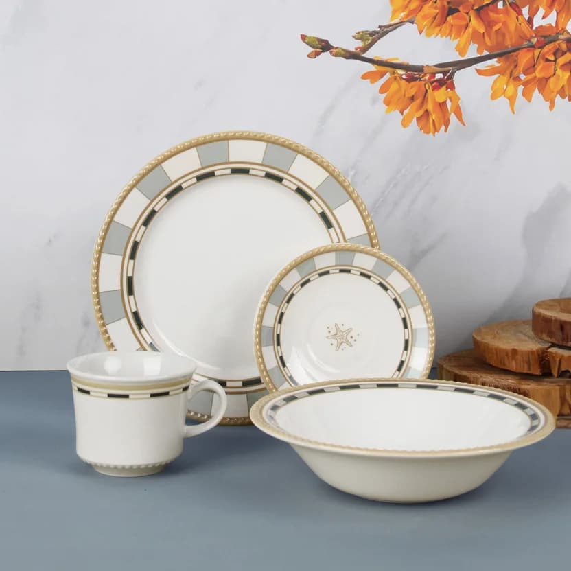 Vajilla Génova Decorada Corona 16 piezas borde verde y dorado