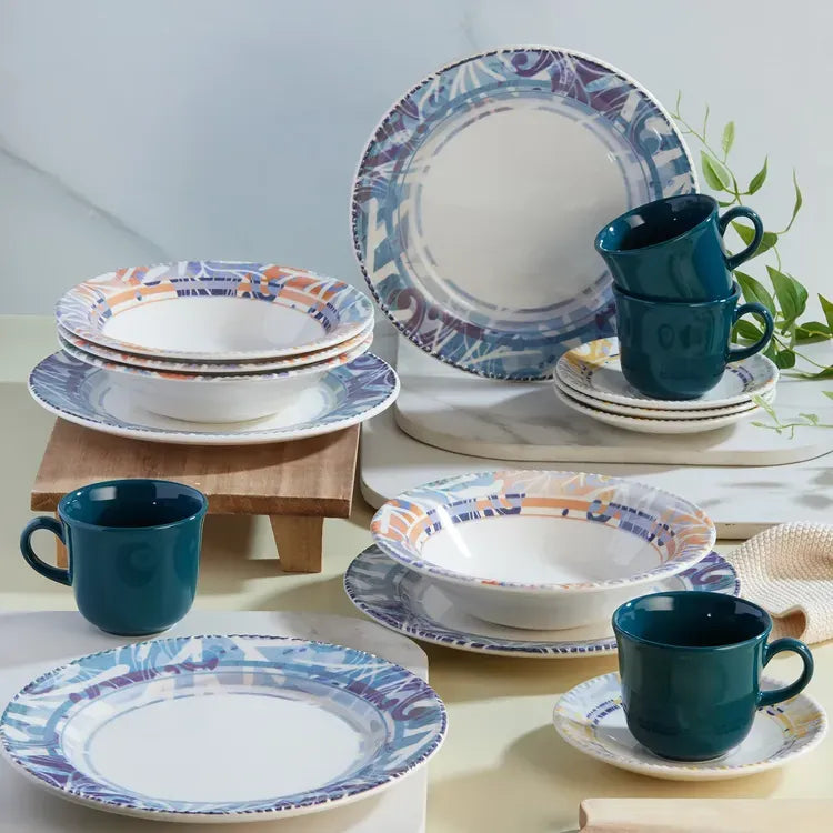 Set de vajilla Indira Corona 16 piezas con decoración azul