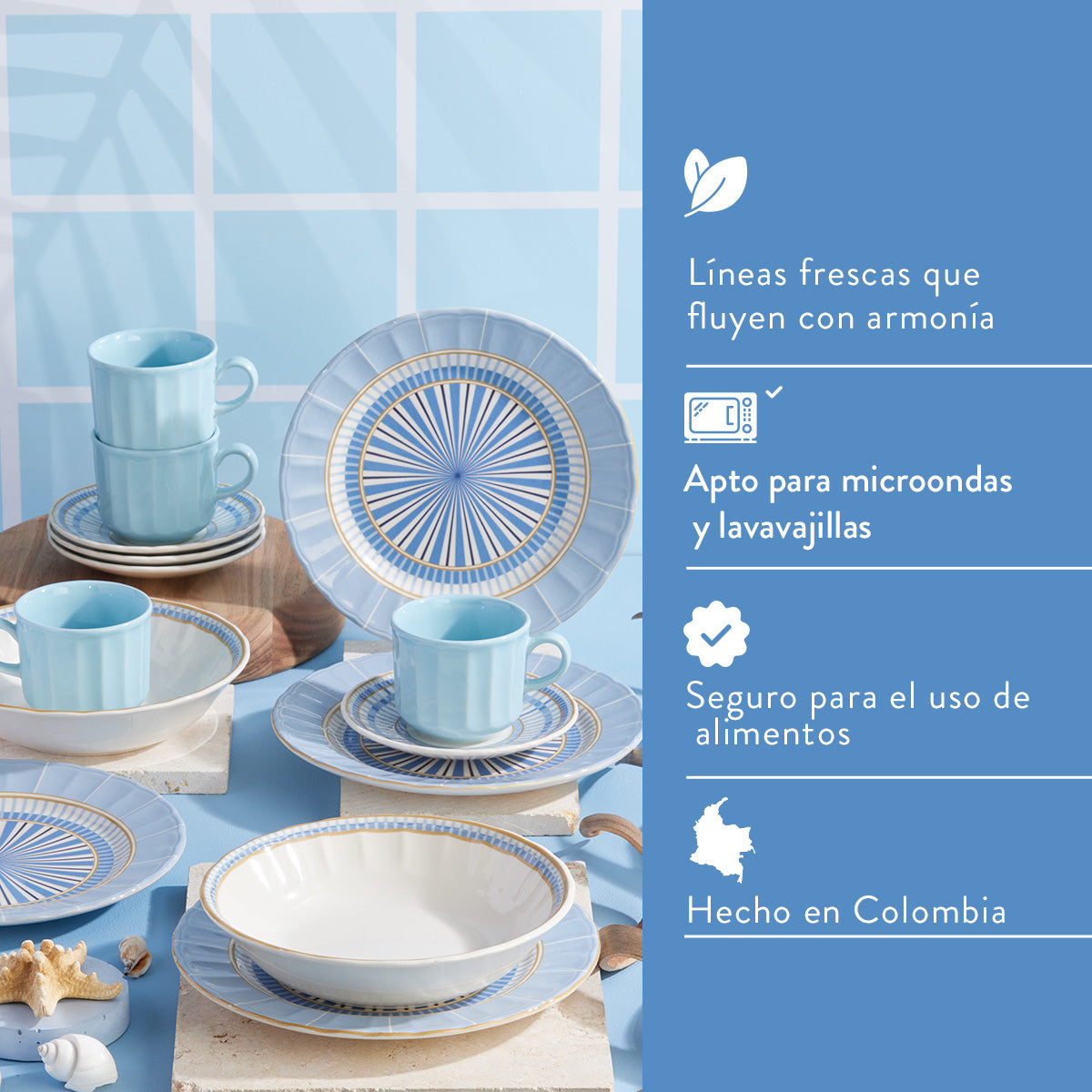 Vista frontal vajilla Azura completa con 16 piezas