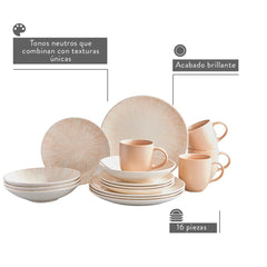 Vajilla Corona Nyssa 16 piezas en tonos pastel con textura artesanal