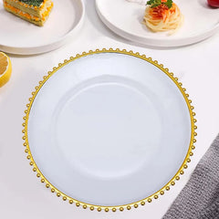 Plato base decorativo de 33 cm en melanina con borde de esferas doradas