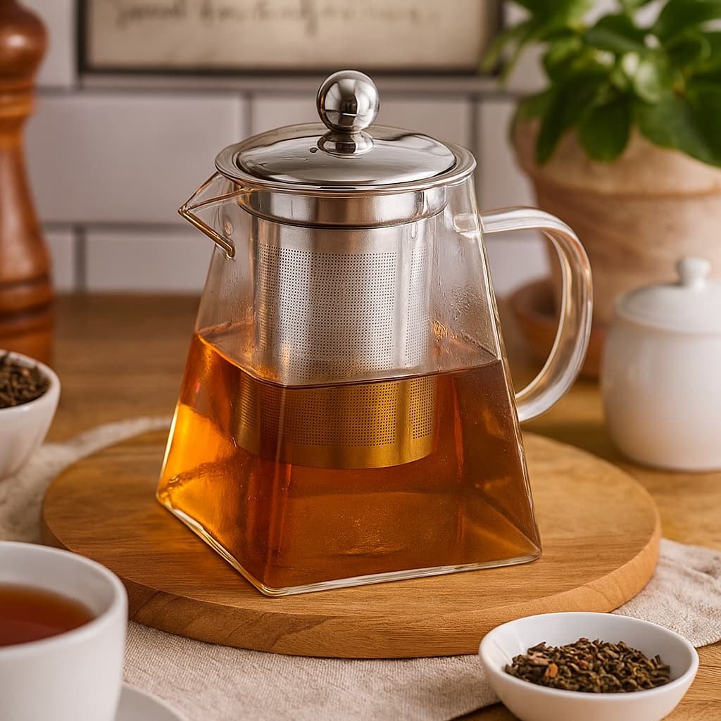 Tetera infusora 950 ml en vidrio borosilicato con diseño cuadrado e infusor metálico.
