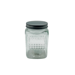 Recipiente de cristal cuadrado con líneas texturizadas y tapa plateada