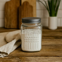 Recipiente de cristal cuadrado con líneas texturizadas y tapa plateada