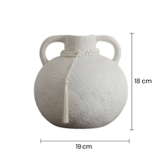 Florero De Cerámica Tipo Jarra Blanco Con Dos Asas y Detalle De Perlas medidas