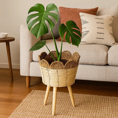 Matera Redonda Tejida Con Borde De Pétalos y Soporte En Madera