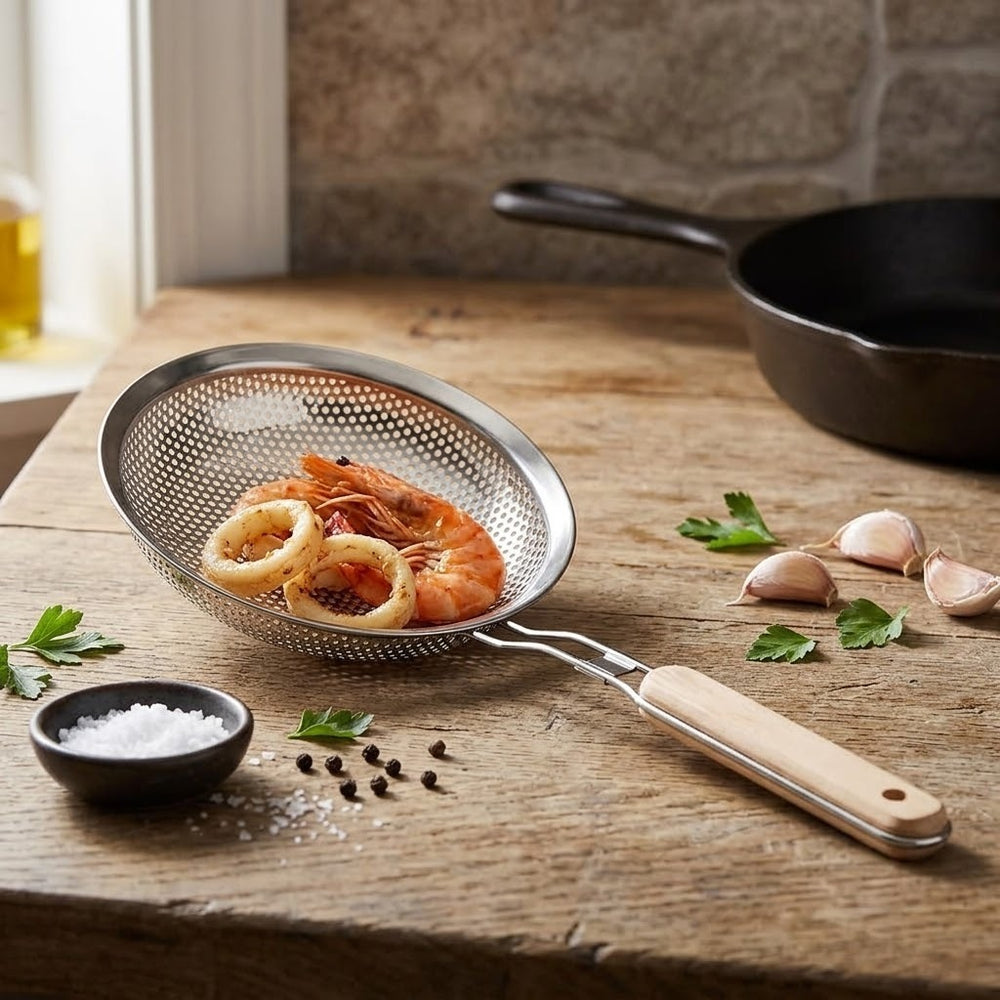 Escurridor colador de cocina metálico de 14 cm con mango largo de madera clara