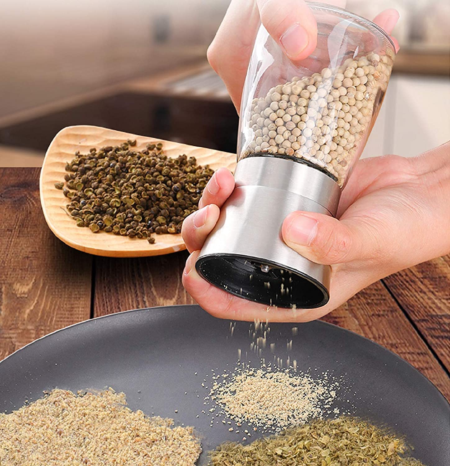 Pimentero Trade Star de vidrio transparente con tapa de acero inoxidable, tamaño 6 oz.