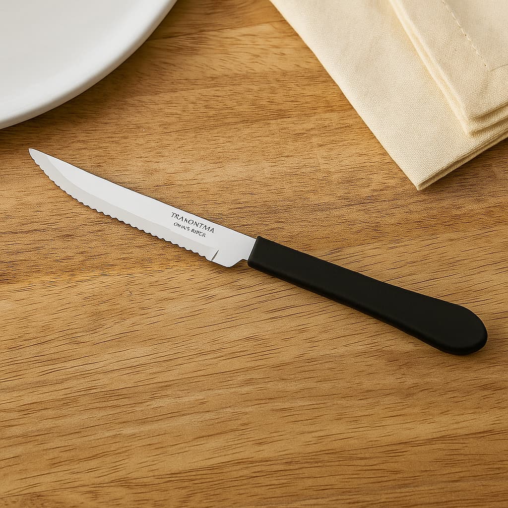 Cuchillo asado de 4 pulgadas Tramontina Leme con hoja dentada y mango negro ergonómico.