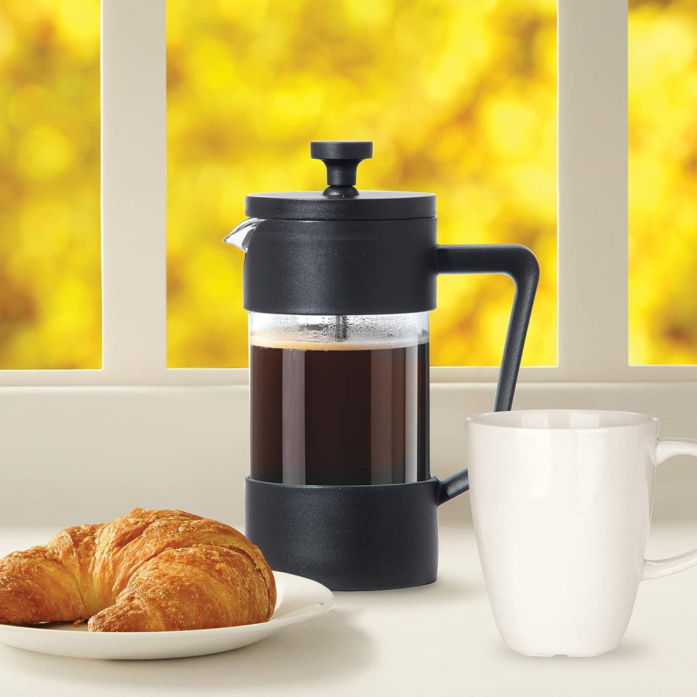 Cafetera francesa negra de 350 ml con recipiente de vidrio, asa y sistema de émbolo