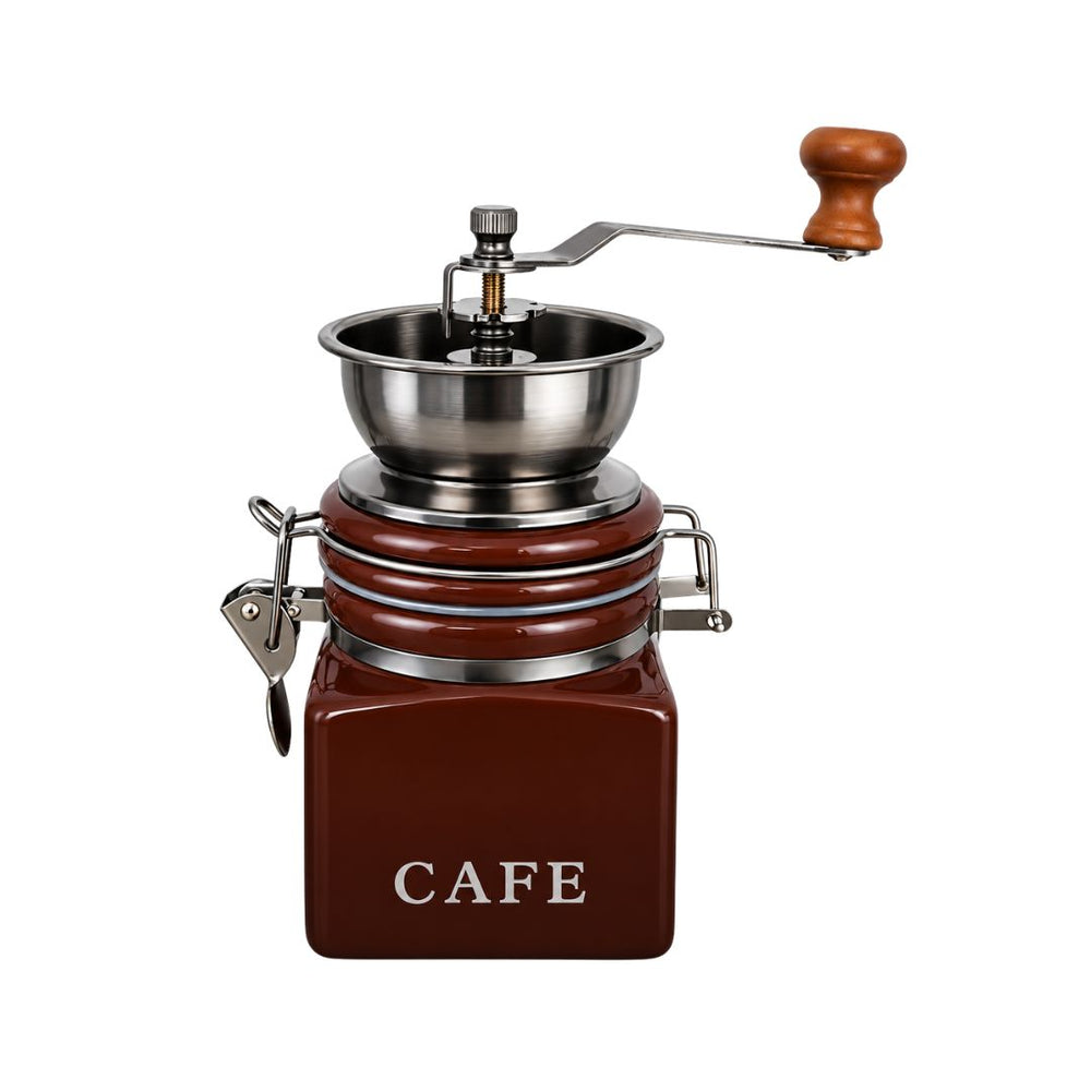 Molino manual para café con base marrón de cerámica